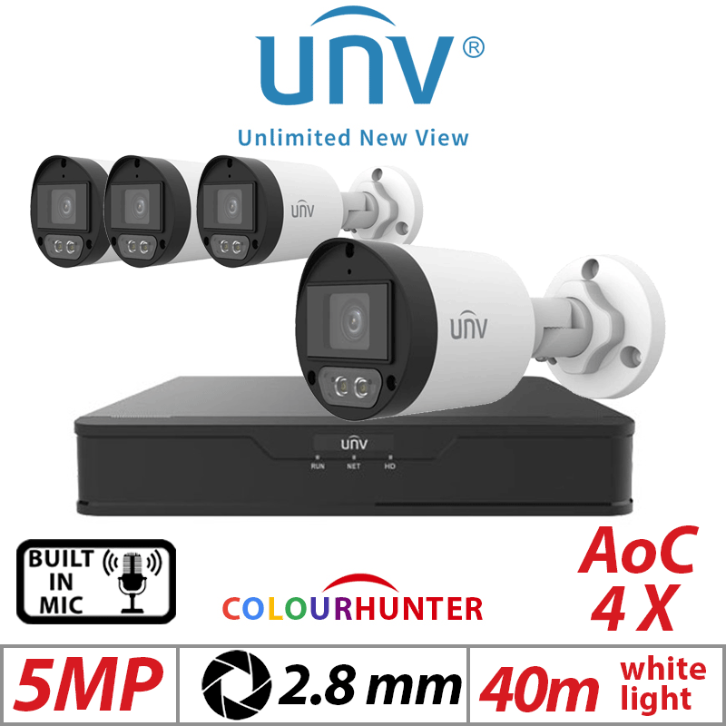 5MP 4CH UNIVIEW - 4X UNIVIEW COLOR HUNTER - 24/7 COLOR- HD FIXED MINI BULLET ANALOG WITH BUILT-IN MIC CAMERA WHITE